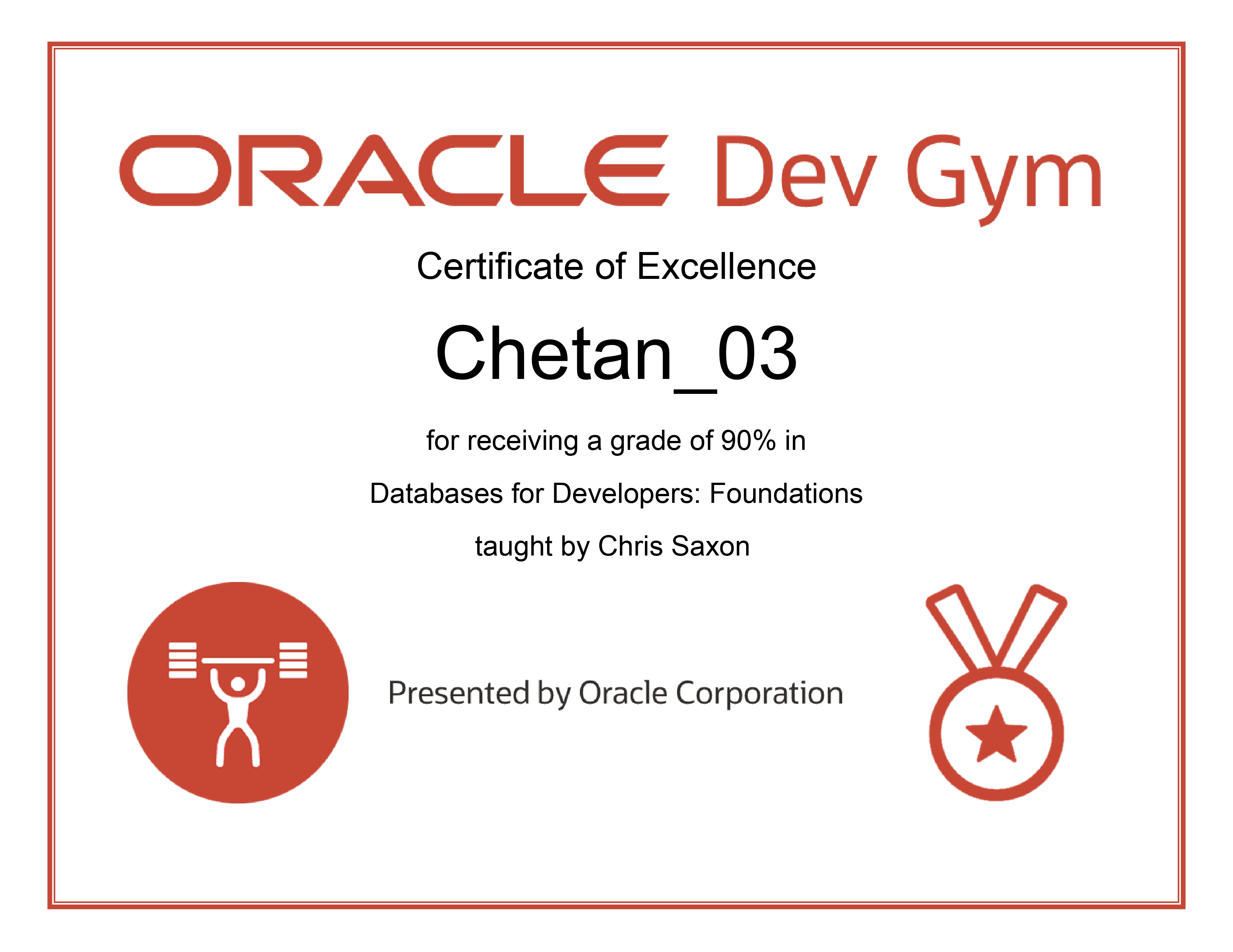 Oracle Certificate of Excellence